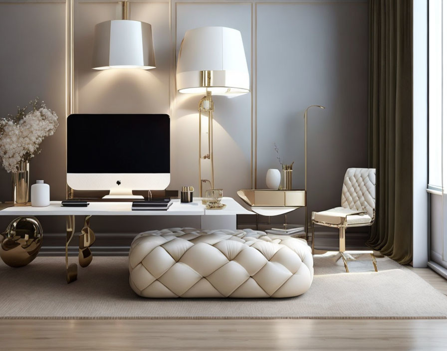 Sleek modern home office with luxurious white chair & elegant gold accents