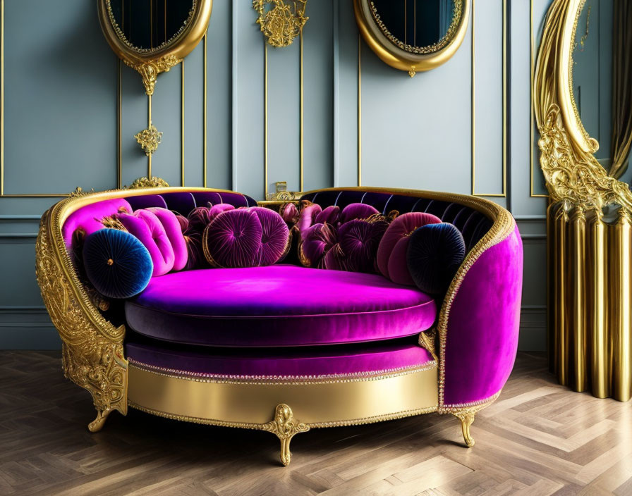 Circular Purple Velvet Sofa with Gold Trim in Elegant Room