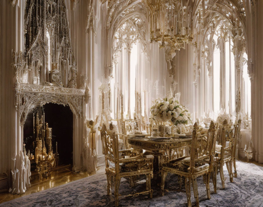 Luxurious Gothic-style dining room with ornate gold furniture, grand fireplace, and chandelier.