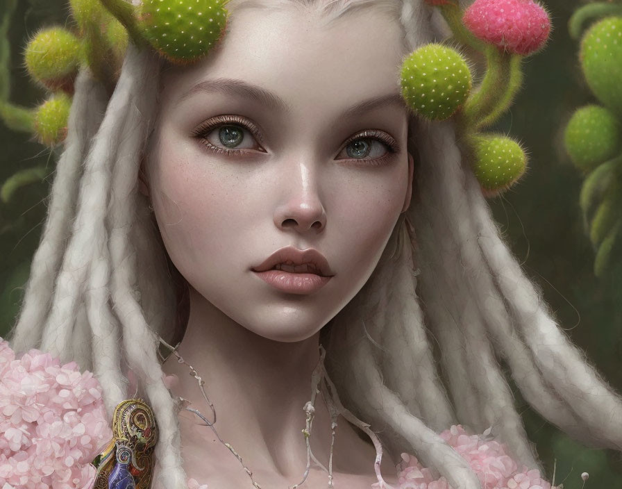 Surreal portrait of girl with white braided hair and botanical decorations