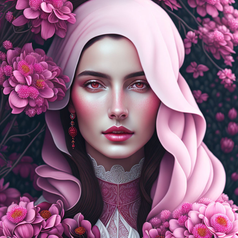 Detailed digital portrait of woman with pink headscarf, vibrant flowers, lace attire, red earrings.