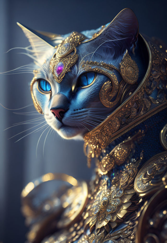 Majestic cat in golden armor with jewel-embedded helmet