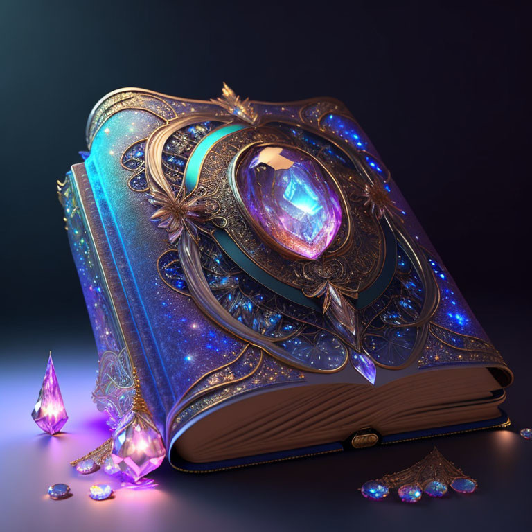 Ornate magical book with gold detailing and glowing purple gem