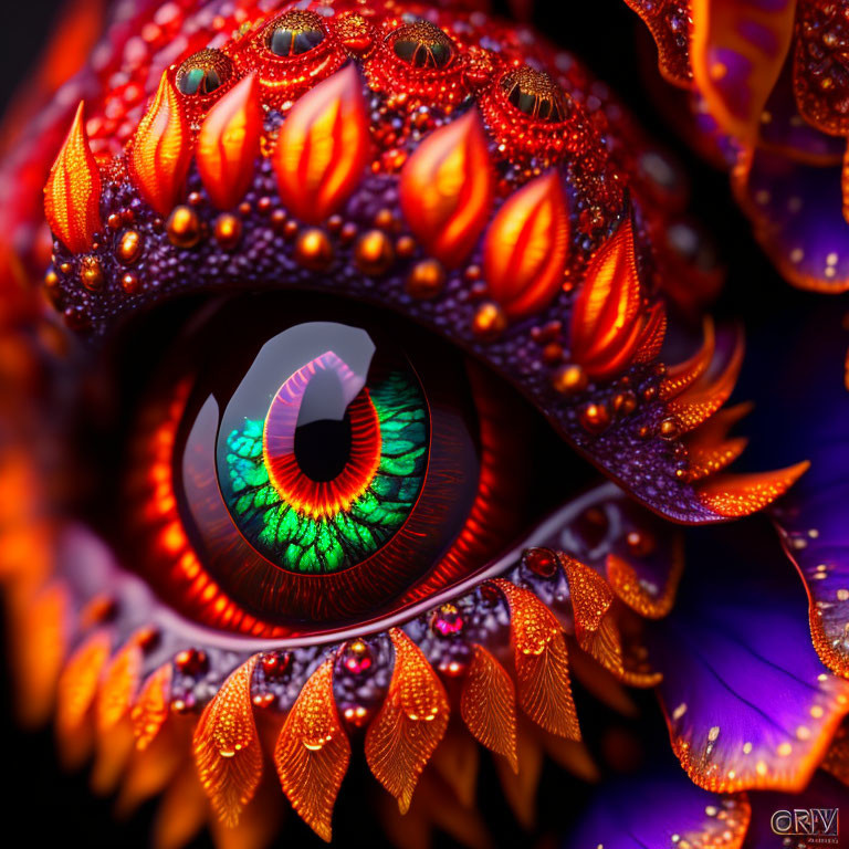 Detailed Close-Up of Reptilian Eye Surrounded by Vibrant Red Scales