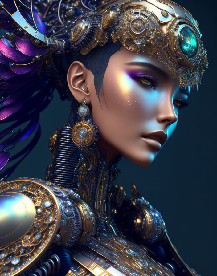 Futuristic digital artwork of woman in ornate armor and headgear