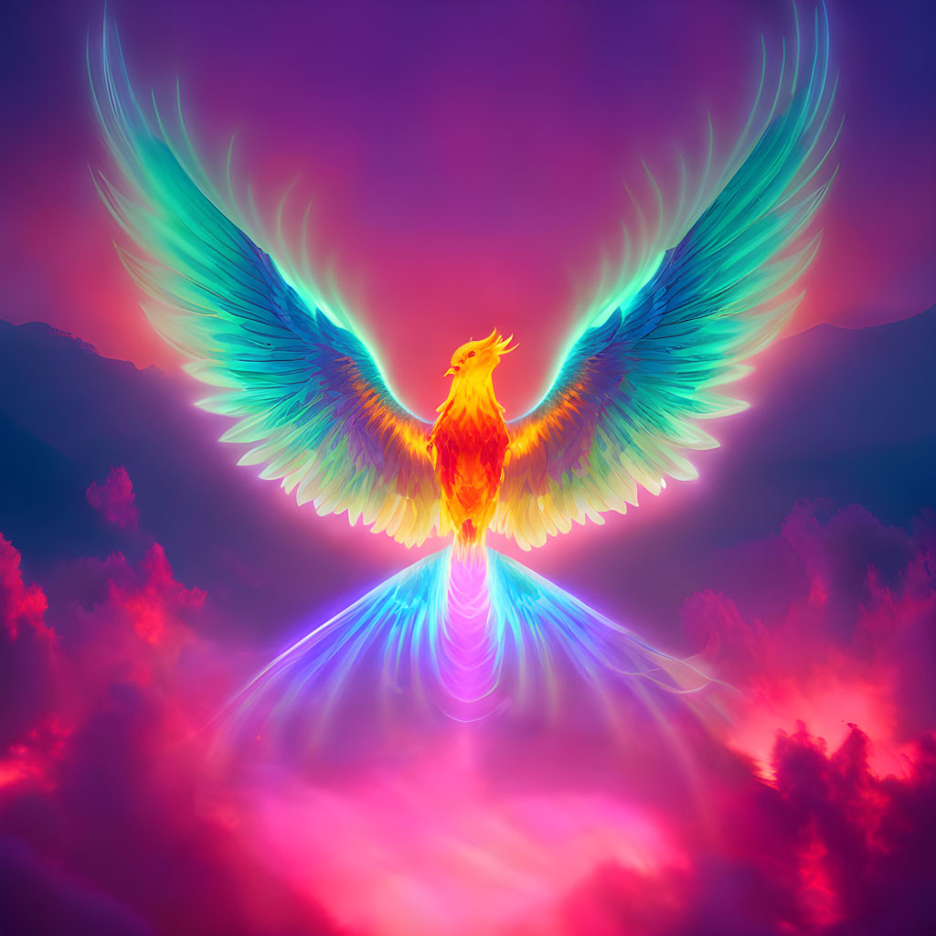 Colorful Phoenix with Spread Wings in Purple and Pink Clouds