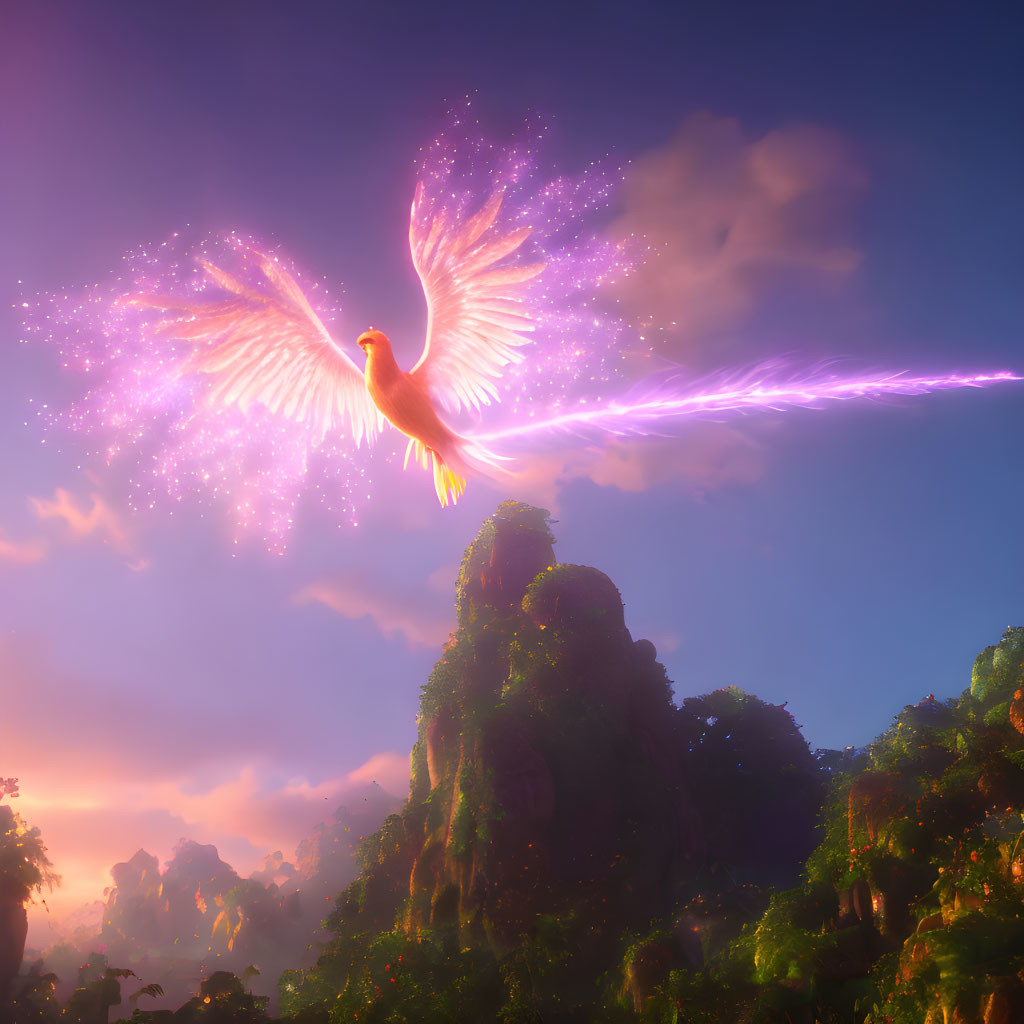 Colorful Phoenix Flying Over Green Mountains in Warm Sky
