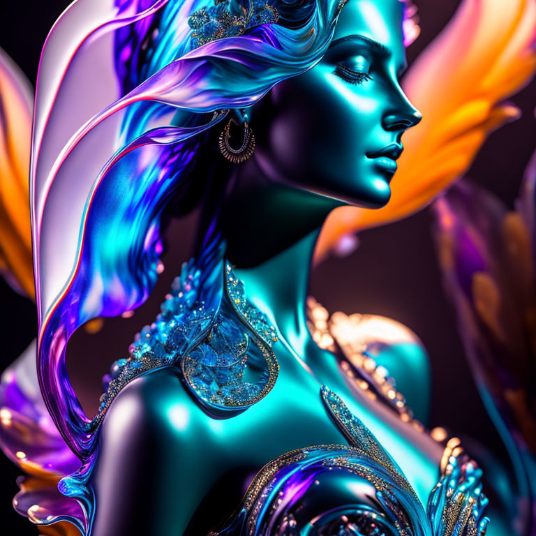Digital artwork: Blue-skinned woman with abstract feather-like shapes.