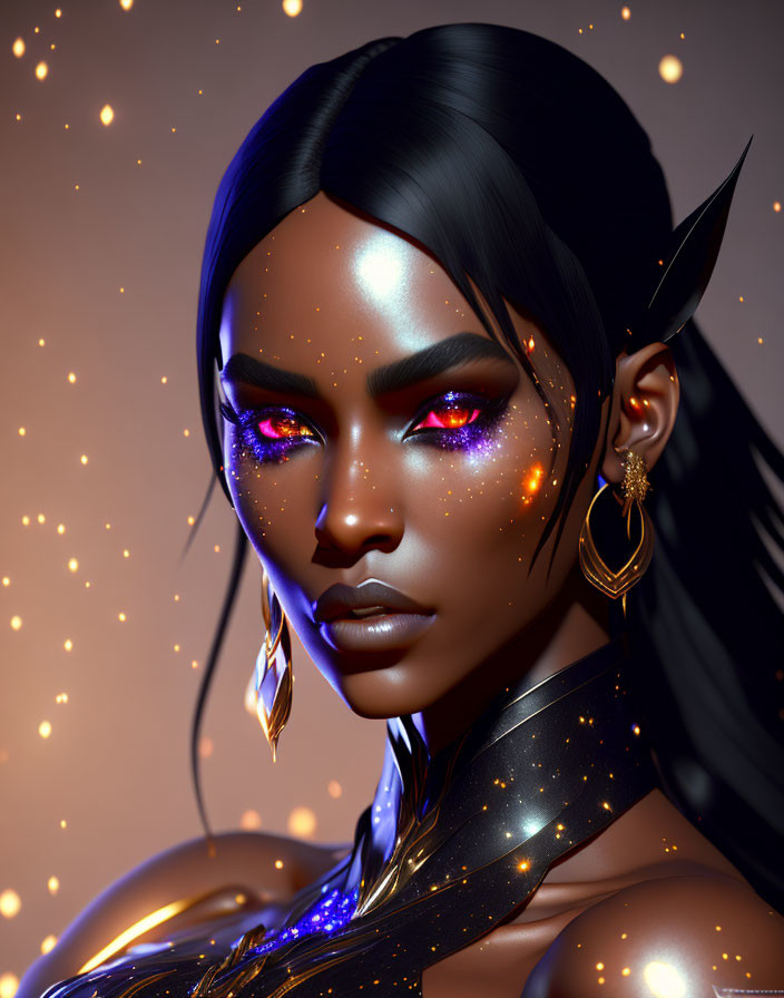 Cosmic-themed digital portrait of a woman with sparkling eyes and star-studded dark skin