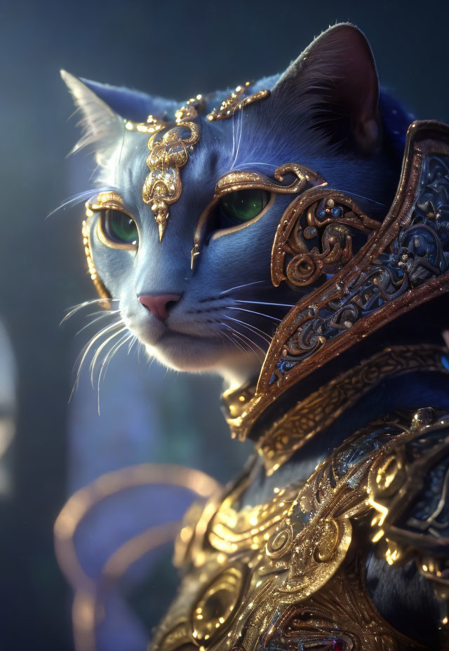 Regal Cat in Golden Armor and Headpiece