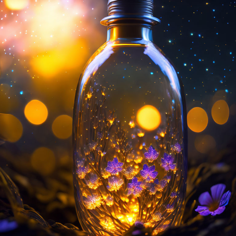 Glass Bottle with Glowing Star Lights in Magical Bokeh Scene