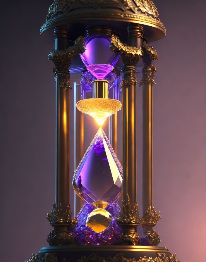 Purple Sand Ornate Hourglass with Glowing Lights on Purple Background