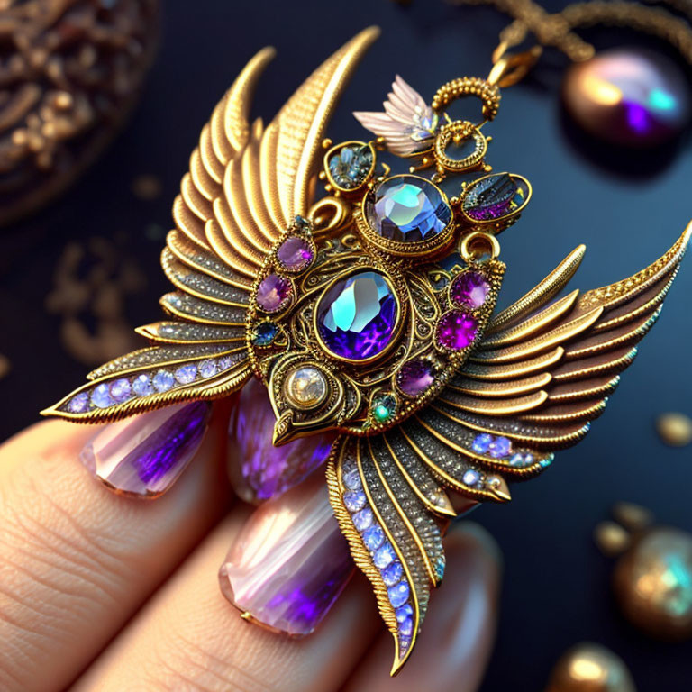 Golden brooch with wing design and purple gemstones on dark reflective background