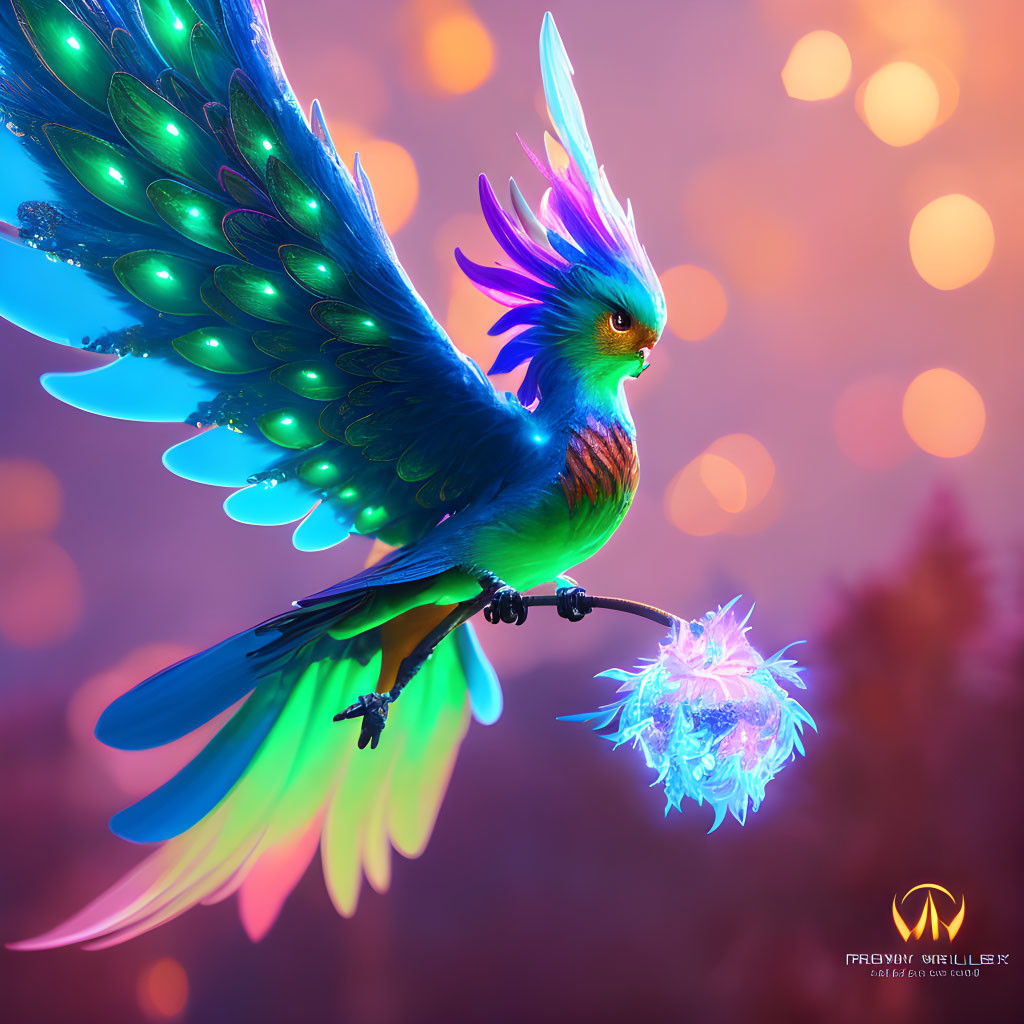 Colorful bird with glowing orb in talons on warm bokeh-lit backdrop