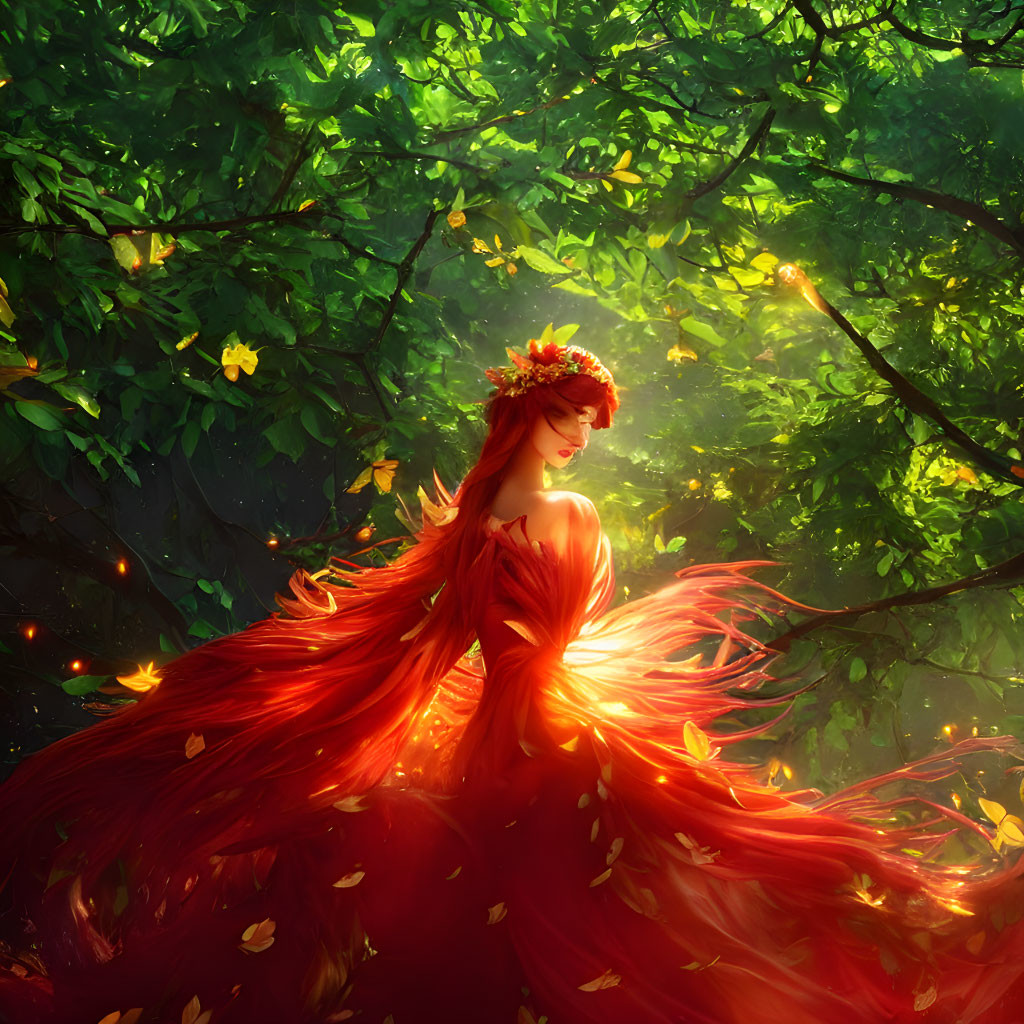 Red-haired woman with flowers in sunlit forest surrounded by swirling leaves