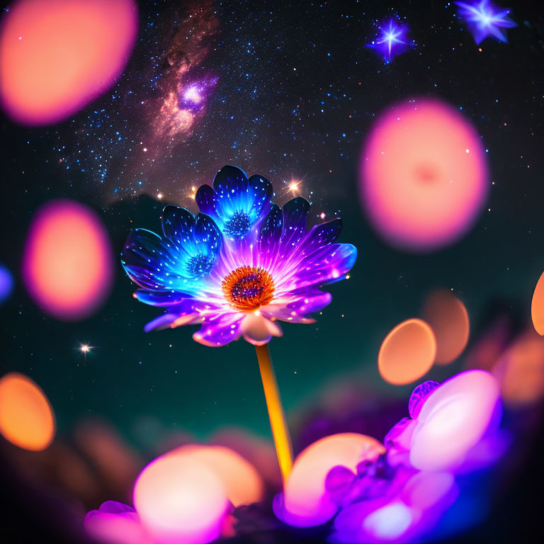 Vibrant Blue Flower with Glowing Center Against Starry Night Sky