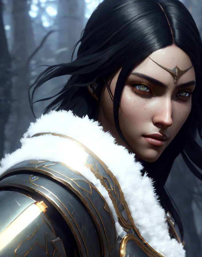 Digital art portrait of female warrior in dark hair, golden armor, and determined expression