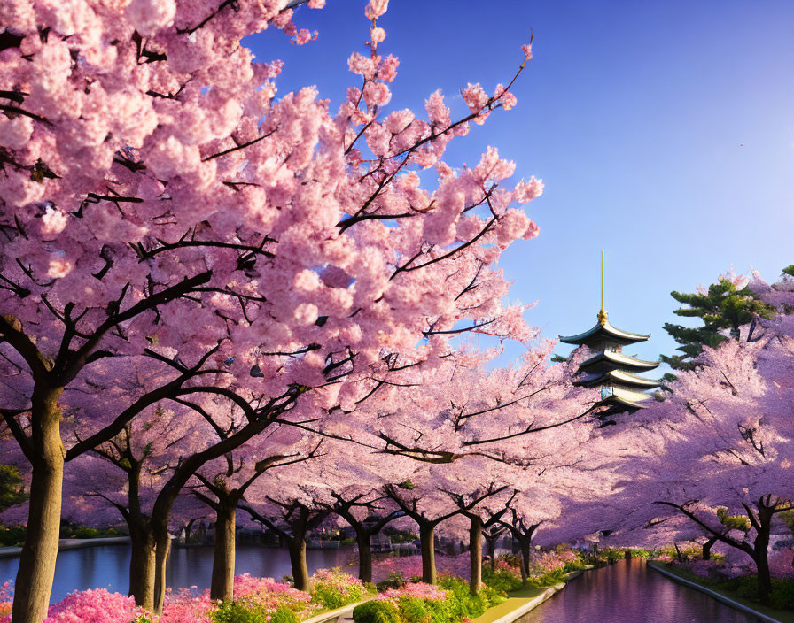 Pink cherry trees bloom by waterway near pagoda under blue sky