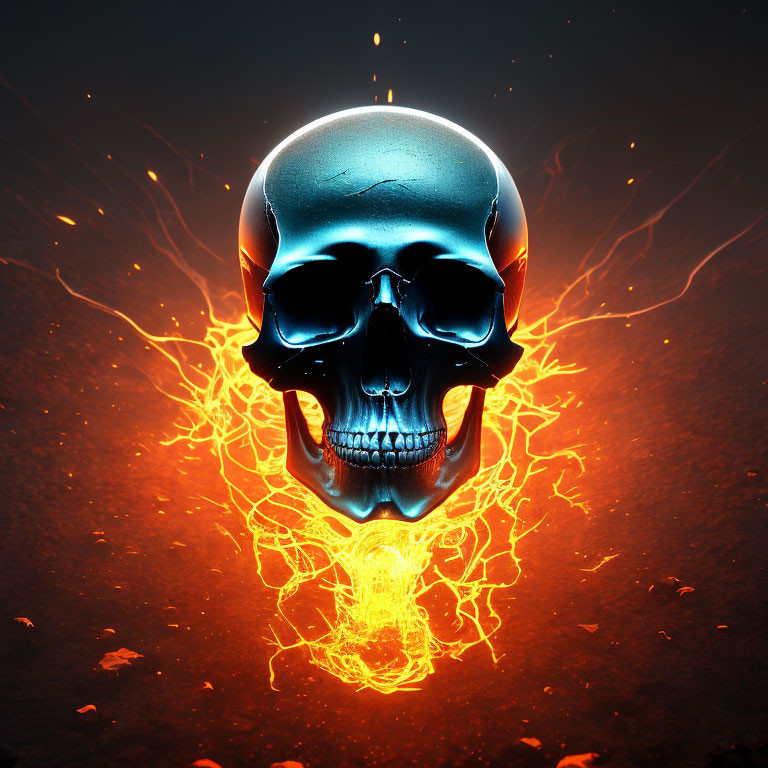 Metallic Skull with Blue Sheen Surrounded by Fiery Orange Cracks on Dark Background