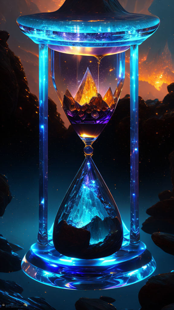 Futuristic hourglass with glowing crystals on dark rocks and fiery skyline