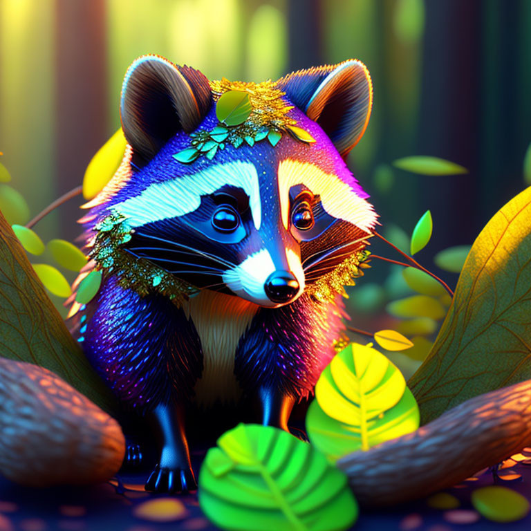 Colorful raccoon illustration in lush forest setting