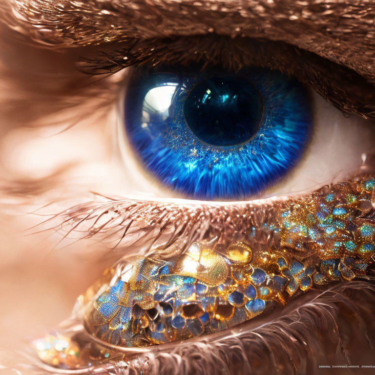 Detailed Close-Up of Blue Eye with Glittery Makeup