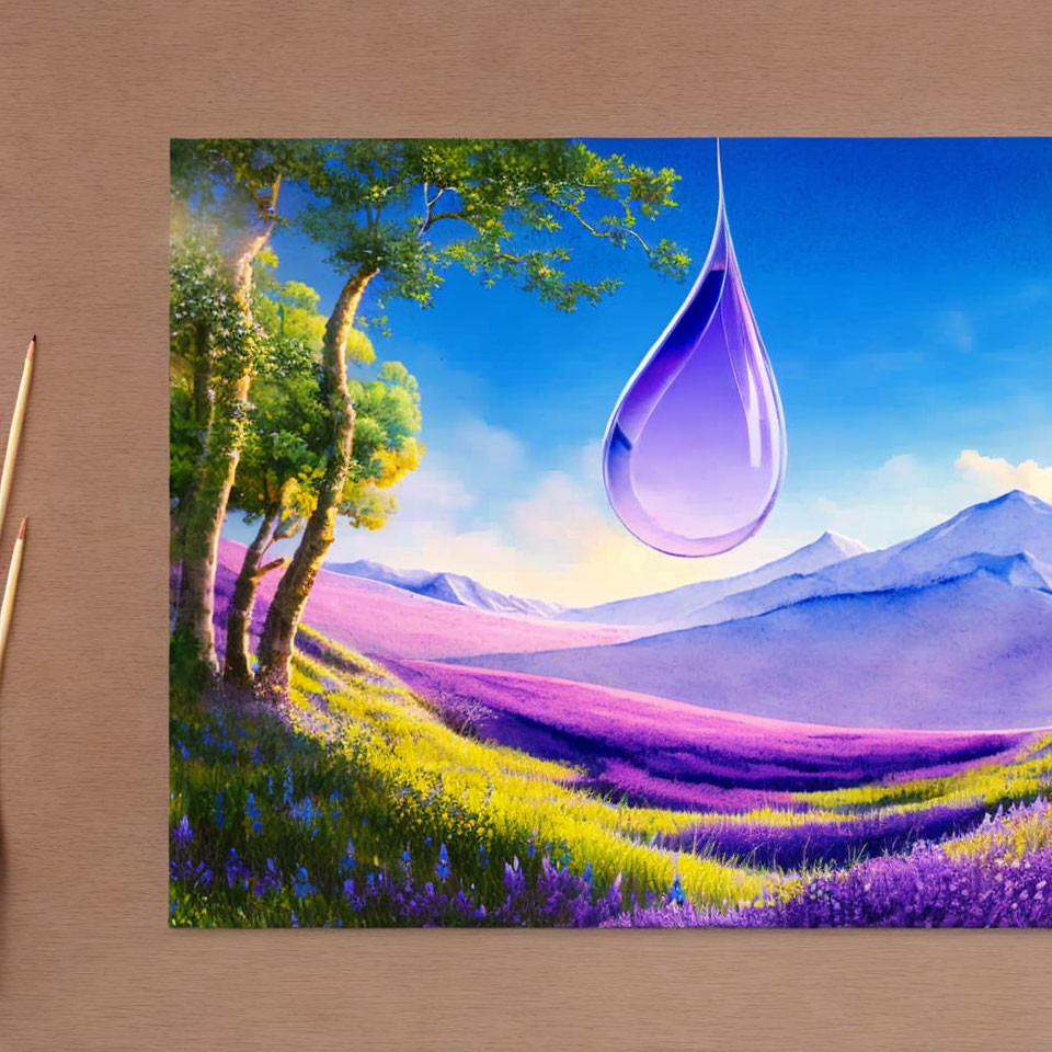 Colorful landscape background with large water droplet artwork on desk