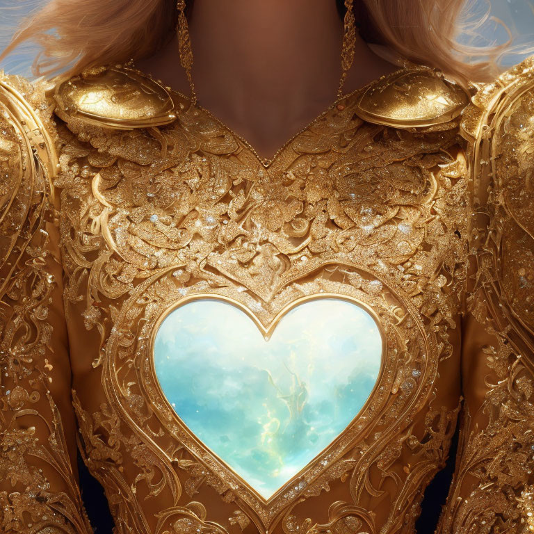 Detailed Close-up of Person in Golden Armor with Heart-shaped Cutout