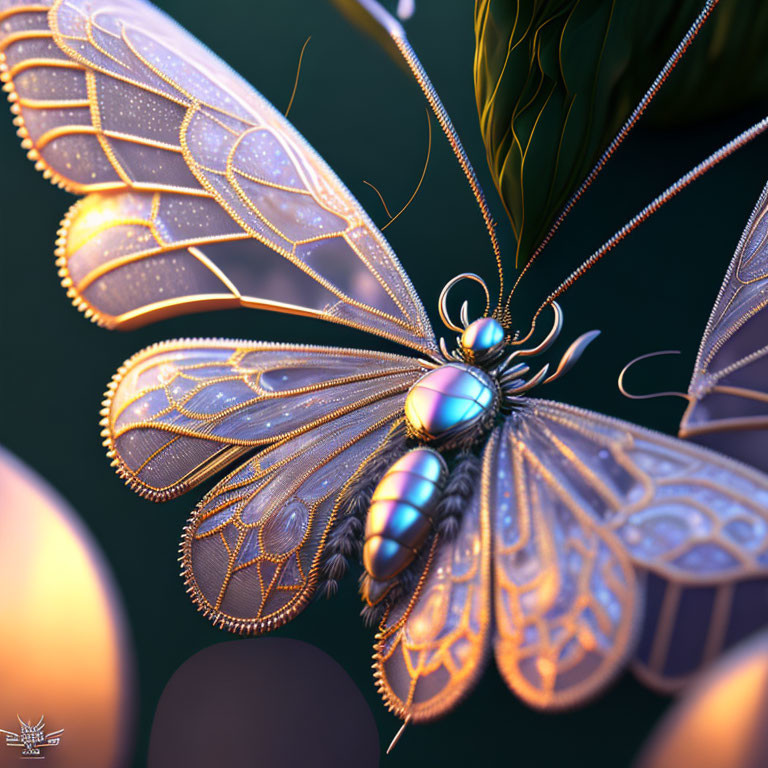 Detailed Digital Artwork: Mechanical Butterfly with Iridescent Wings