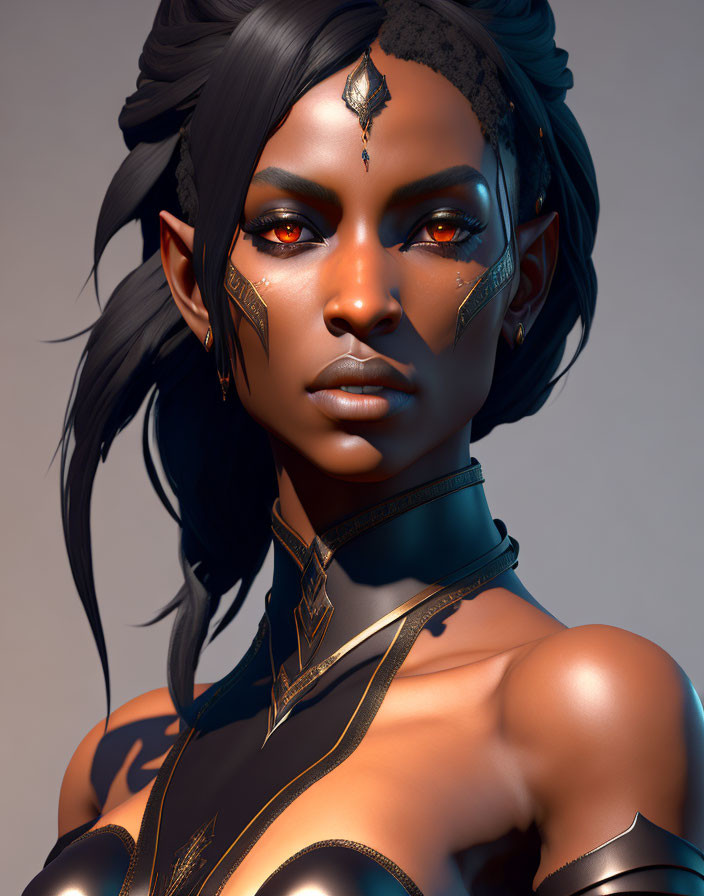 Dark-skinned 3D-rendered female figure with pointed ears and futuristic golden ornaments
