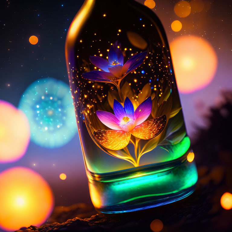 Colorful Floral Design Inside Glass Bottle on Dark Background