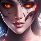 Digital Artwork: Woman with Glowing Orange Eyes and Fiery Details