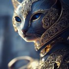 Majestic cat in golden armor with jewel-embedded helmet