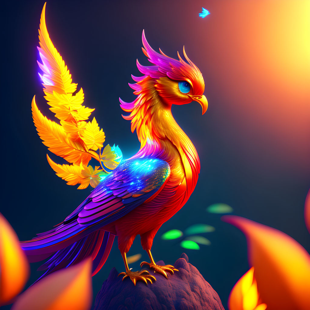 Colorful Mythical Bird Illustration on Rock Against Dark Background