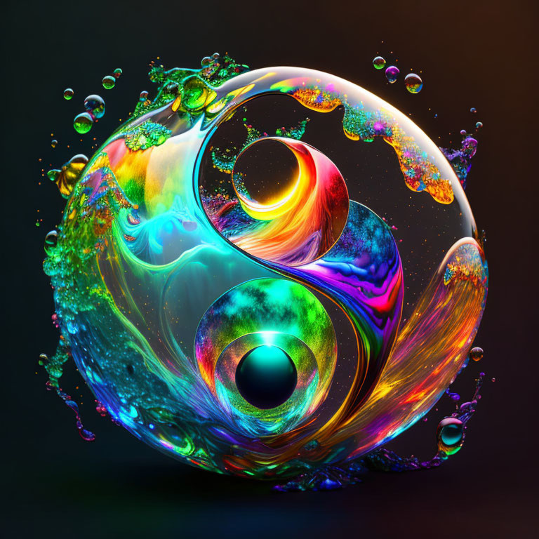 Colorful Swirling Spherical Digital Artwork with Bubbles