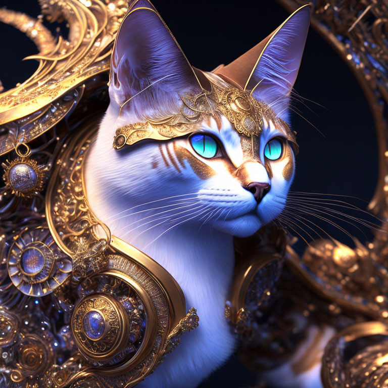 Regal White Cat in Golden Armor Artwork on Dark Background