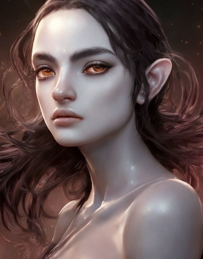 Fantasy character digital portrait: pointy ears, amber eyes, dark hair.