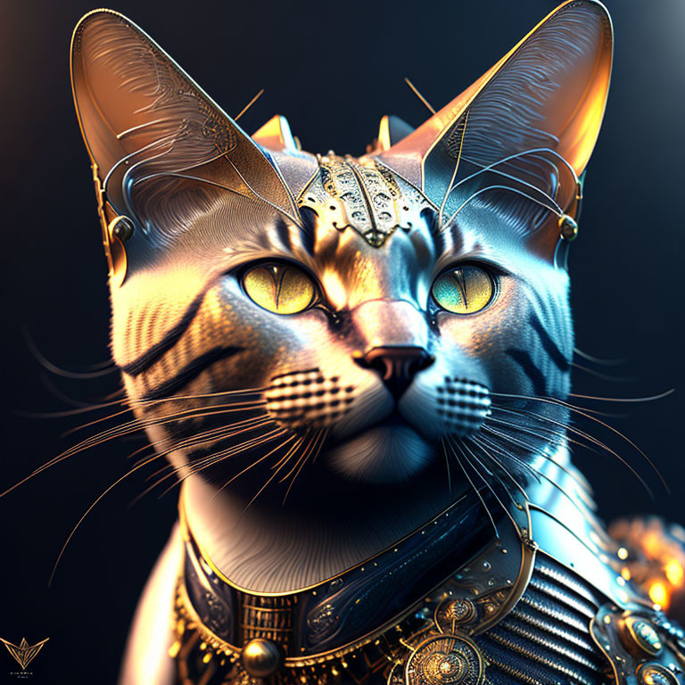 Digital Artwork: Majestic Cat in Golden Armor and Crown on Dark Background