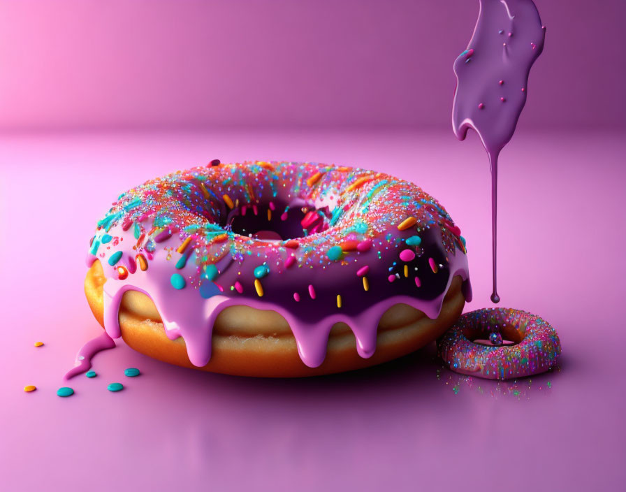 Pink glazed doughnut with colorful sprinkles and icing on pink background