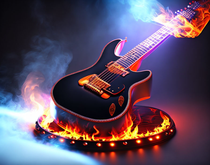 Black Electric Guitar with Fiery Blue and Orange Flame Design