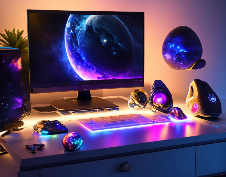Futuristic Backlit Desktop Setup with Purple and Blue Illumination