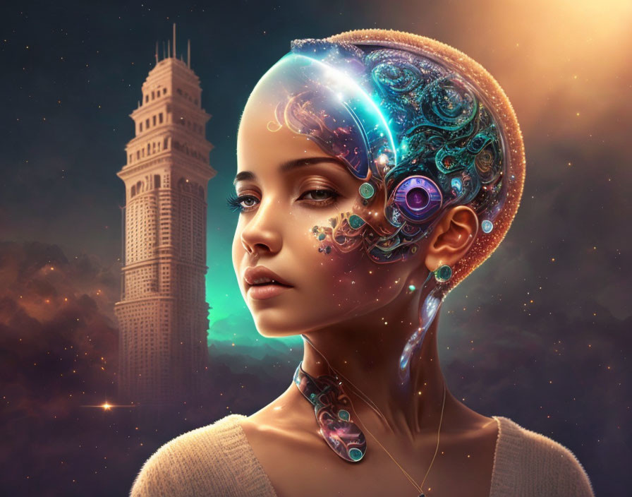 Futuristic portrait of woman with exposed android skull and mechanical elements against starry backdrop