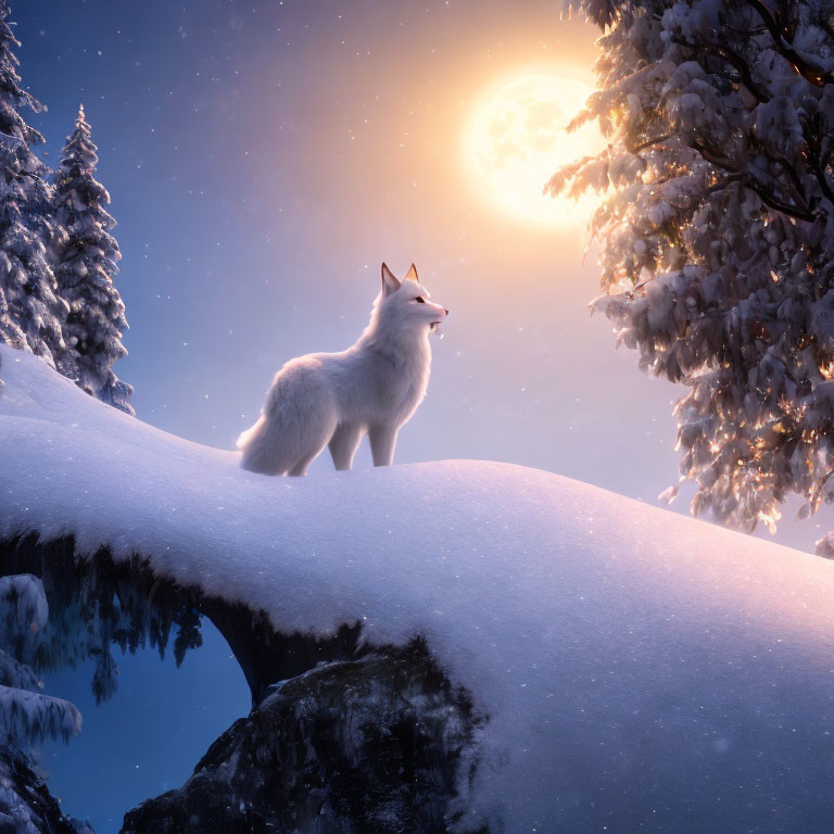White Fox on Snowy Ridge Under Moonlit Sky