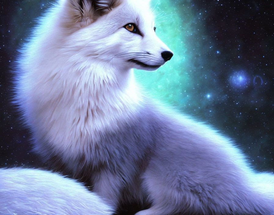 White fox in cosmic star-filled background: A majestic and ethereal illustration