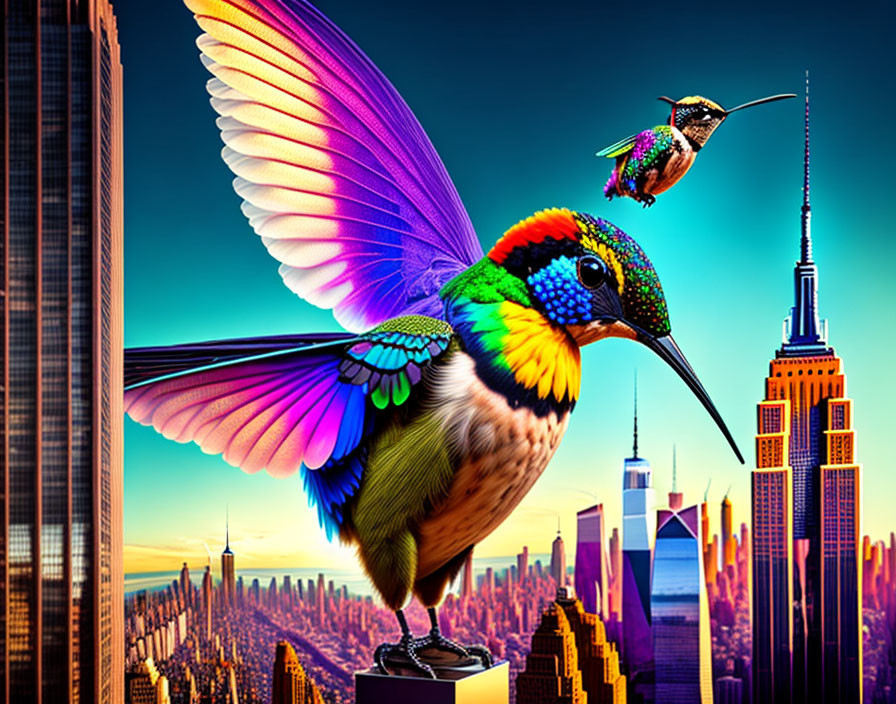 Digital Artwork: Oversized Hummingbird with Iridescent Feathers in Cityscape