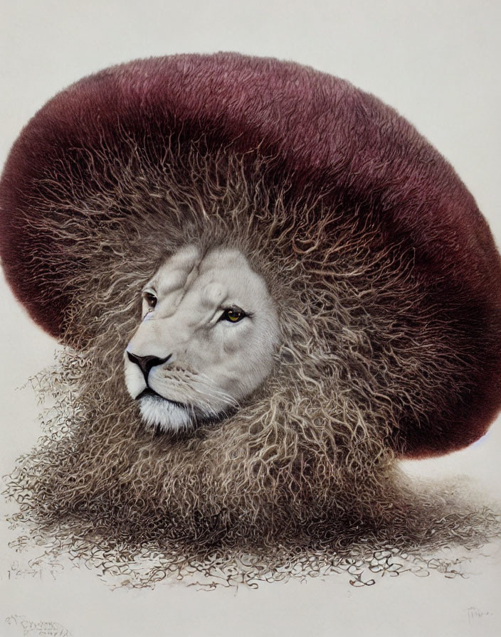 Illustration of lion with red and brown mushroom mane