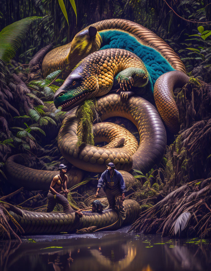 Giant Colorful Snake Coiled Around Trees in Lush Jungle