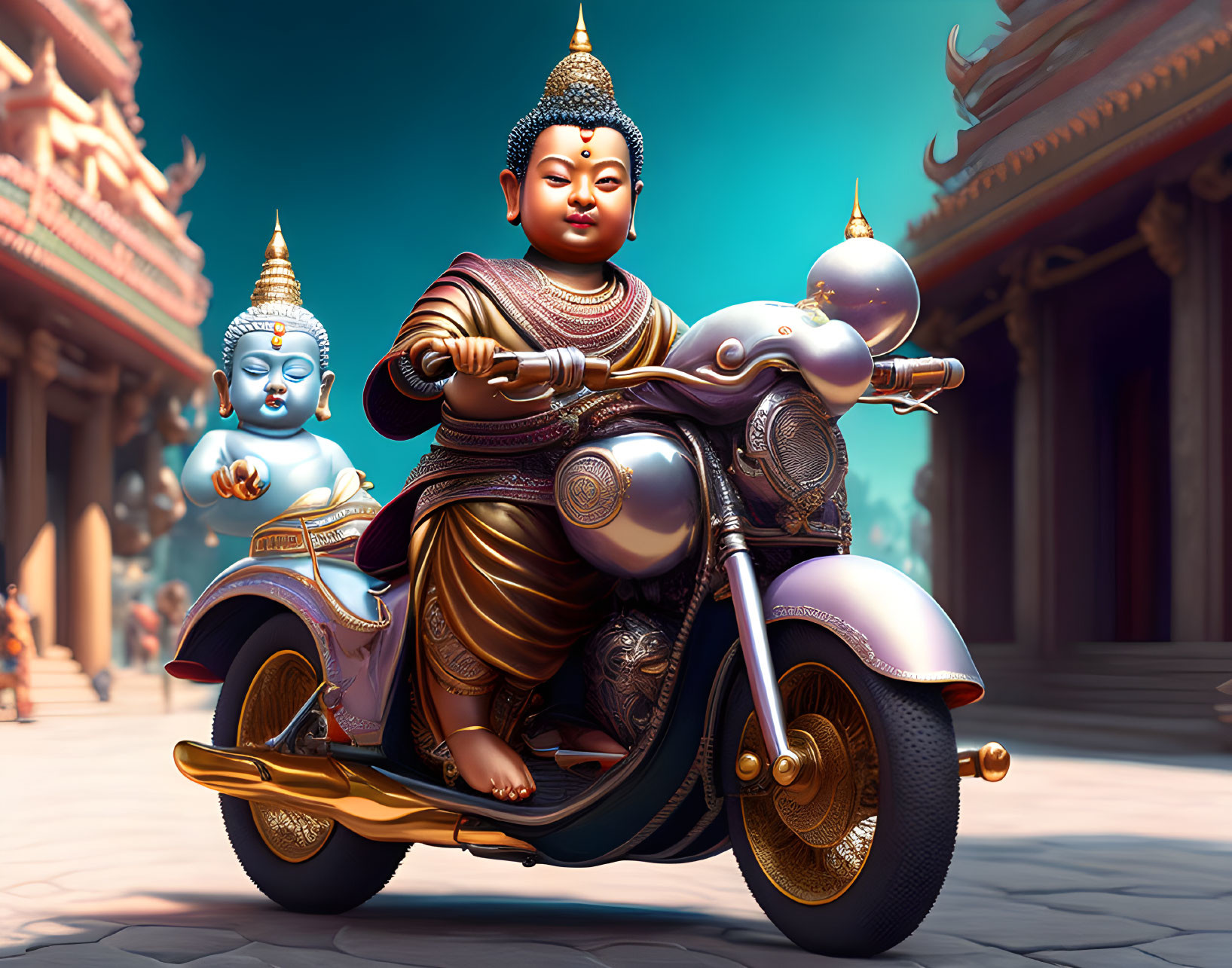 Cartoon Buddha figures on purple and gold scooter in Asian setting
