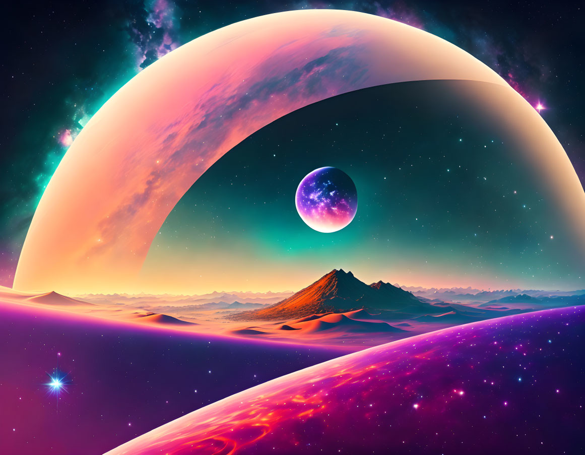 Colorful digital artwork of an alien planet landscape with moon and stars