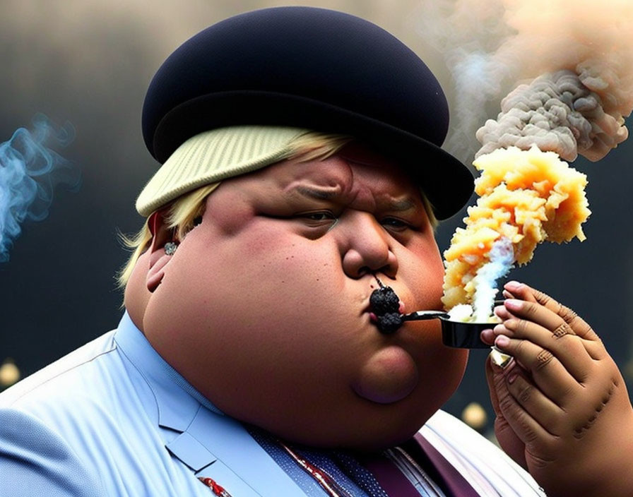 Illustrated overweight character in suit smoking pipe next to factory emitting smoke
